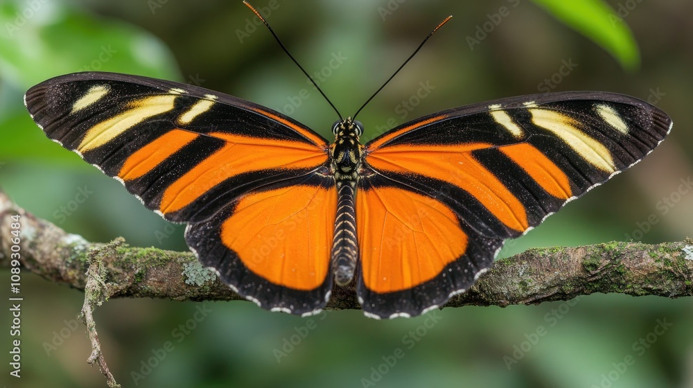 Naklejka premium Tiger Longwing butterfly displaying vibrant orange and yellow patterns, perched gracefully on a branch surrounded by lush greenery.