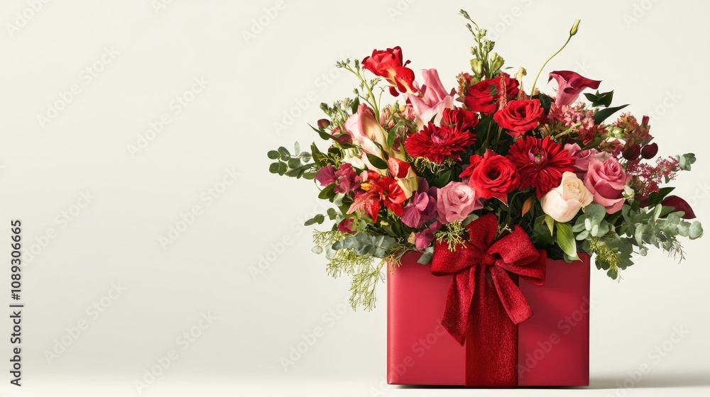 Luxurious red gift box filled with a stunning bouquet of vibrant roses and mixed blooms, elegantly tied with a bow against a clean white background Luxurious red gift box filled with a stunning bouquet of vibrant roses and mixed blooms, elegantly tied with a bow against a clean white background