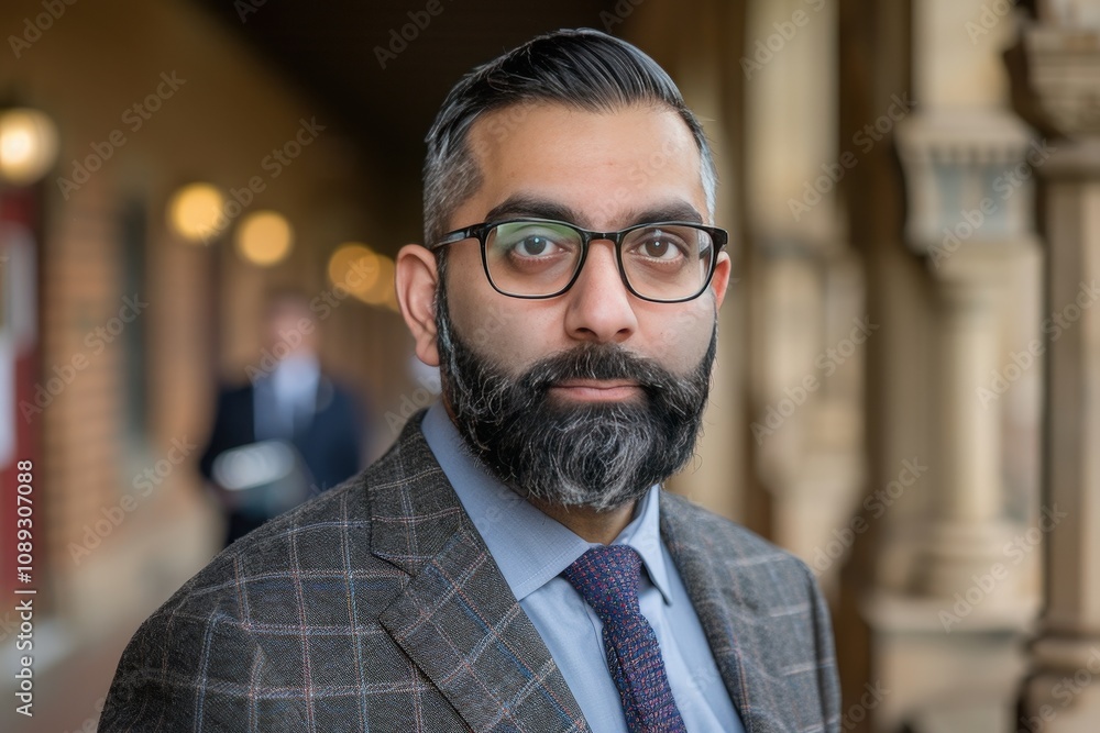 Naklejka premium A professional man with a beard and glasses, dressed in a checked suit, poses confidently in an architectural setting with soft lighting.