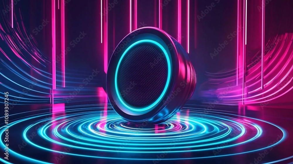 Fototapeta premium Floating Neon Speaker Surrounded by Holographic Sound Waves in a Virtual Reality Concert