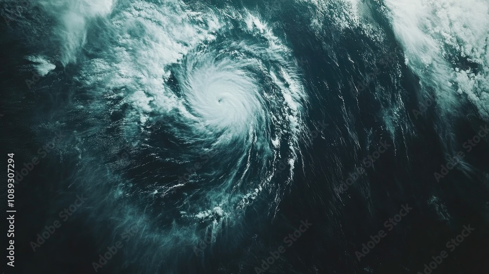 Satellite view of a hurricane displaying the eye of the storm, surrounded by swirling clouds and ocean, highlighting the powerful atmospheric phenomenon. Satellite view of a hurricane displaying the eye of the storm, surrounded by swirling clouds and ocean, highlighting the powerful atmospheric phenomenon.