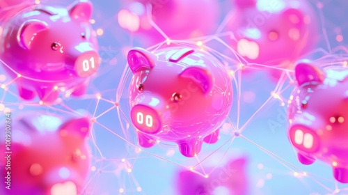 Digital piggy banks future of saving money virtual space 3d animation bright environment creative concept