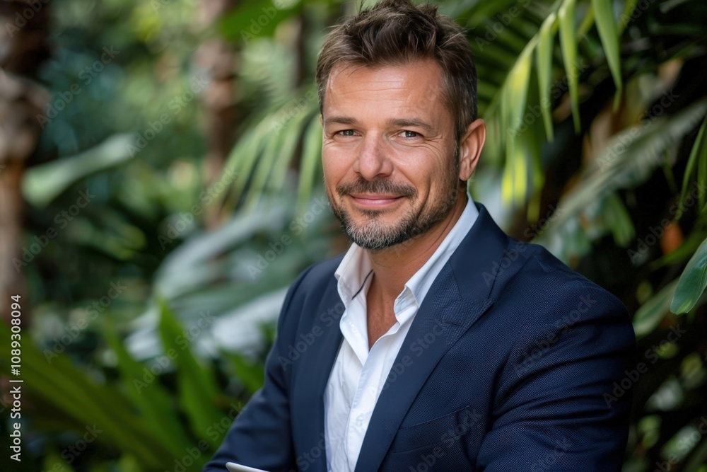 A well-dressed man smiles in a lush, green environment, showcasing confidence and charisma amidst tropical foliage. A well-dressed man smiles in a lush, green environment, showcasing confidence and charisma amidst tropical foliage.