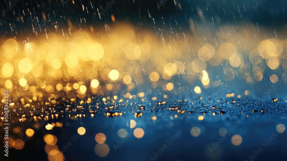 Naklejka premium Glistening water surface reflecting golden and blue hues with shimmering droplets in a dreamy, abstract bokeh effect.