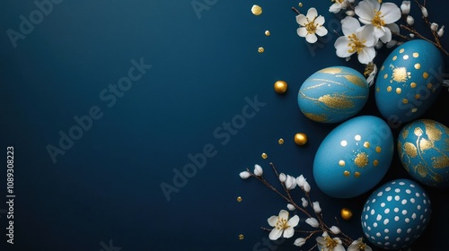Vibrant blue Easter eggs with golden accents surrounded by delicate blossoms and decorative elements on a rich blue backdrop for festive designs.
