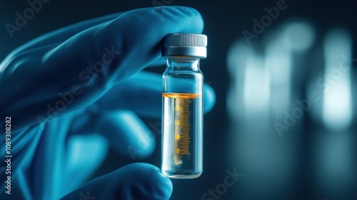 Laboratory Hand Holding a Small Vial with Liquid