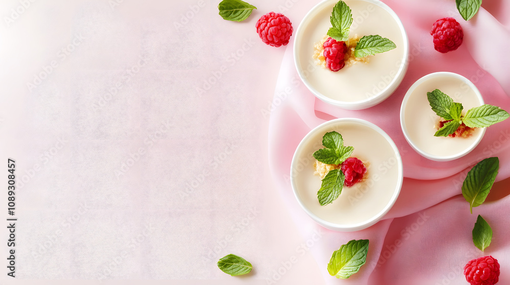 Delightful vanilla pudding with raspberries and mint leaves Delightful vanilla pudding with raspberries and mint leaves