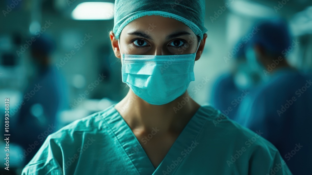 A medical professional in scrubs and mask in a surgical setting, focused and ready for action. A medical professional in scrubs and mask in a surgical setting, focused and ready for action.