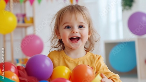Joyful Child Playing with Colorful Toys in Playroom,Representing Childhood Fun
