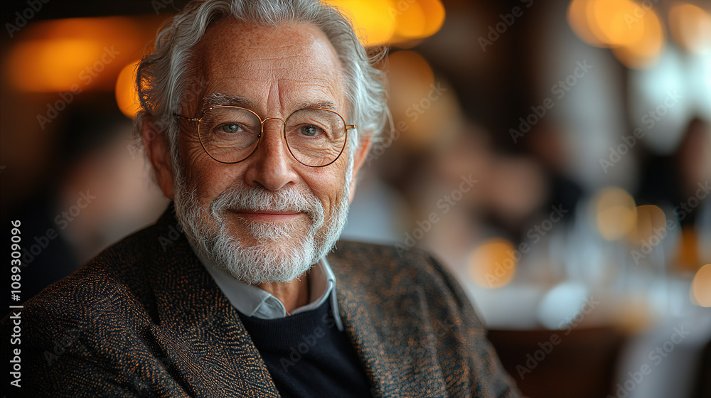 Elderly man with glasses smiling warmly in a cozy restaurant during an evening dinner gathering with blurred background chatter. Generative AI Elderly man with glasses smiling warmly in a cozy restaurant during an evening dinner gathering with blurred background chatter. Generative AI