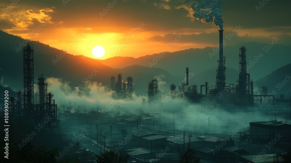 Fototapeta premium Industrial sunset with smoke and smog.