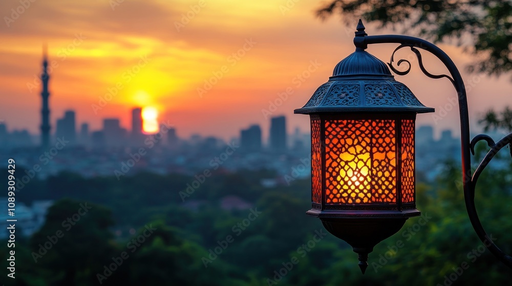 Lantern glowing at sunset over city skyline. Lantern glowing at sunset over city skyline.