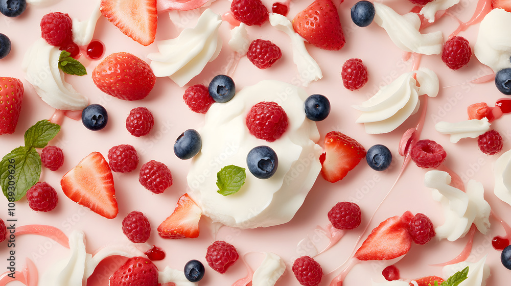 Delicious panna cotta topped with fresh berries and mint leaves Delicious panna cotta topped with fresh berries and mint leaves