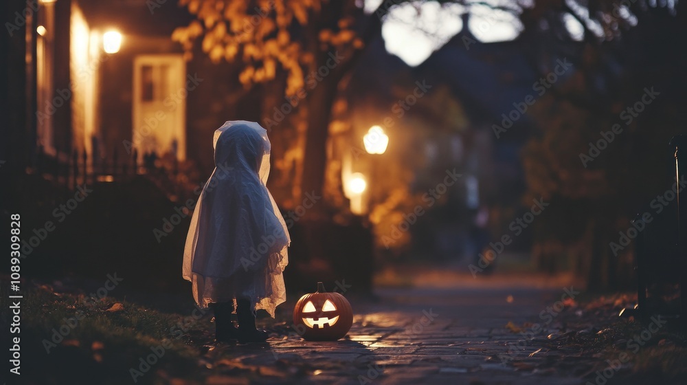 A child dressed in a ghost costume stands in a dimly lit street during Halloween, with a glowing pumpkin lantern and autumn foliage in the background. A child dressed in a ghost costume stands in a dimly lit street during Halloween, with a glowing pumpkin lantern and autumn foliage in the background.