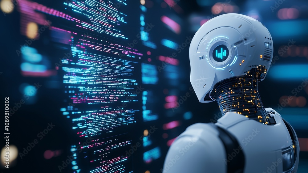 Exploring ai innovation robot analyzing data digital lab technology showcase futuristic setting insightful perspective Exploring ai innovation robot analyzing data digital lab technology showcase futuristic setting insightful perspective