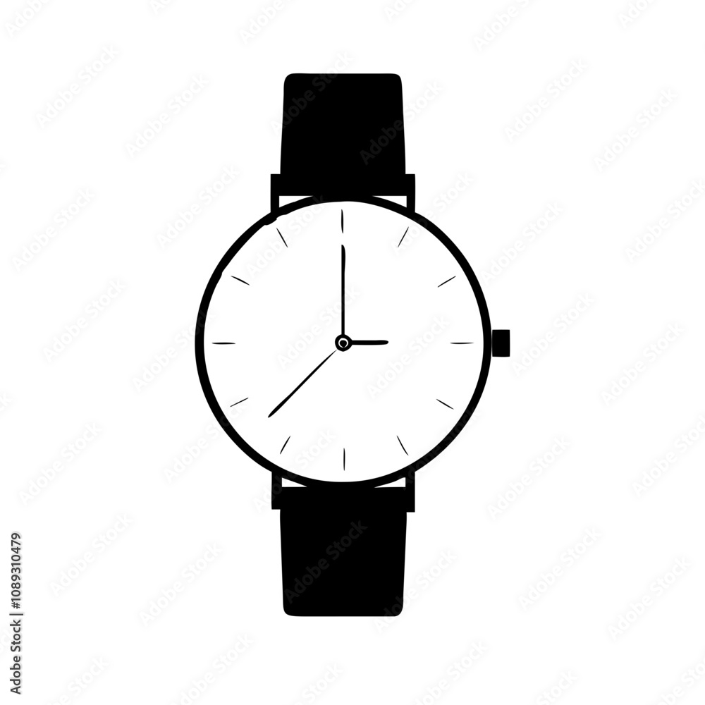 Black Flat Classic Wristwatch Icon: A high-resolution, elegantly simple vector icon representing a classic wristwatch. This icon features a timeless design with a round face and traditional watch hand Black Flat Classic Wristwatch Icon: A high-resolution, elegantly simple vector icon representing a classic wristwatch. This icon features a timeless design with a round face and traditional watch hand