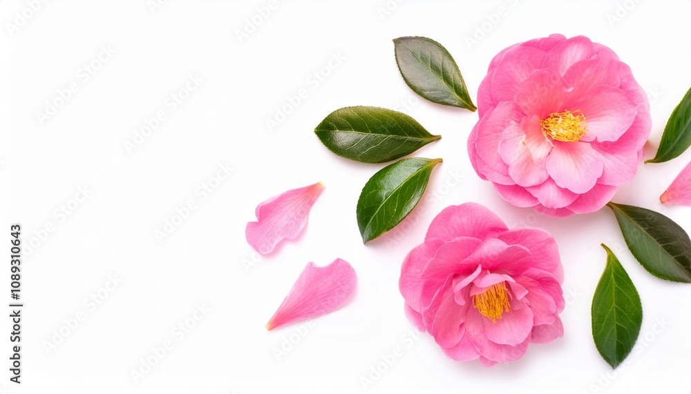 Closeup of Blooming Camellia Flowers and Petals Isolated on White Background. Top View of Flower with Empty Space. Closeup of Blooming Camellia Flowers and Petals Isolated on White Background. Top View of Flower with Empty Space.