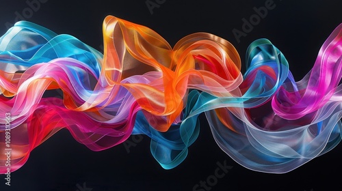 Abstract colorful flowing fabric waves on black background.