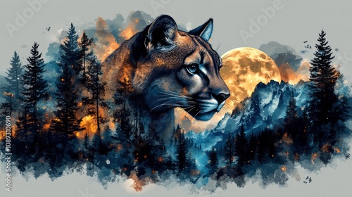 A majestic mountain lion with blue eyes gazes into the distance, framed by a forest and a full moon, with a dreamy watercolor effect.