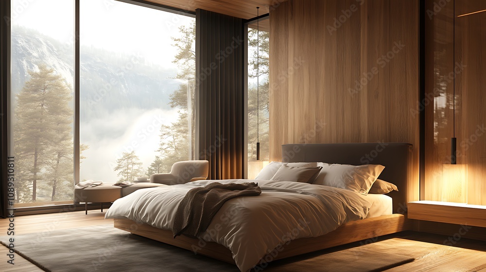 Fototapeta premium Elegant and Cozy Modern Bedroom Interior Design with Stylish Decor, mockup, poster and Background