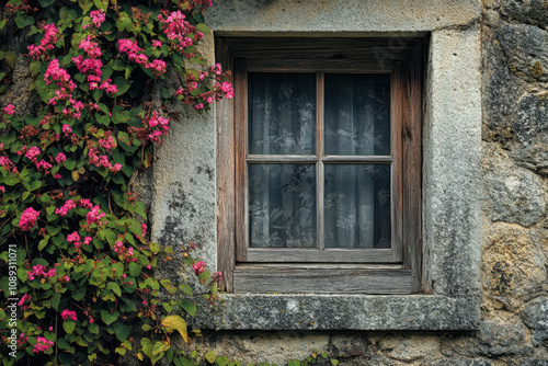 Old rustic stone wall with a wooden framed window adorned by vibrant pink climbing flowers  creating a charming and picturesque scene.
