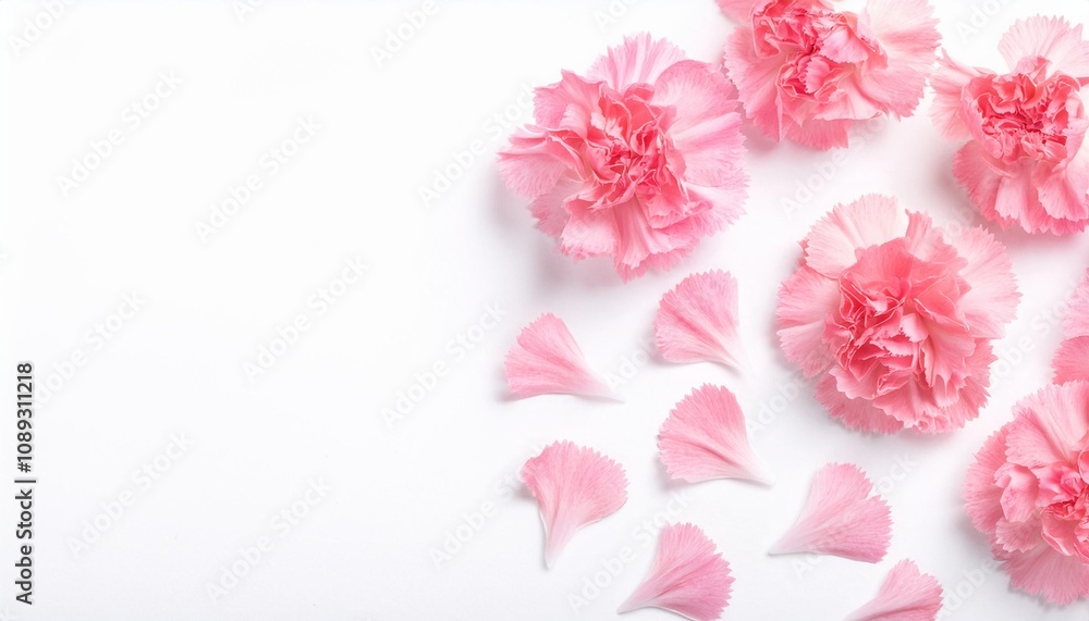 Fototapeta premium Closeup of Blooming Carnation Flowers and Petals Isolated on White Background. Top View of Flower with Empty Space.