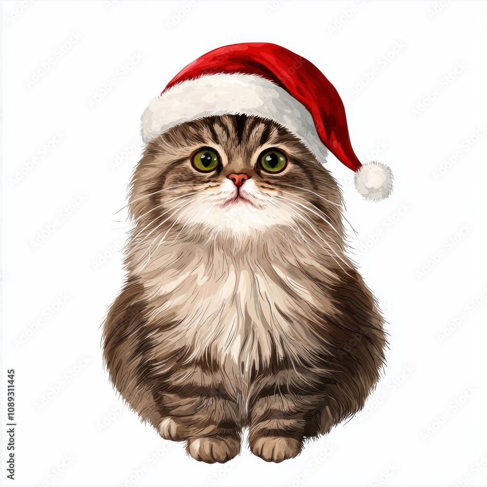 A cat wearing a red hat and a red bow on its head A cat wearing a red hat and a red bow on its head