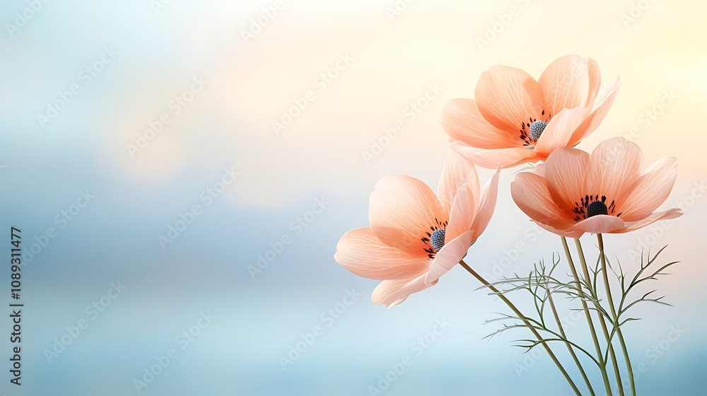 Obraz premium Delicate pink flowers in soft focus nature scene floral photography calm ambiance close-up view