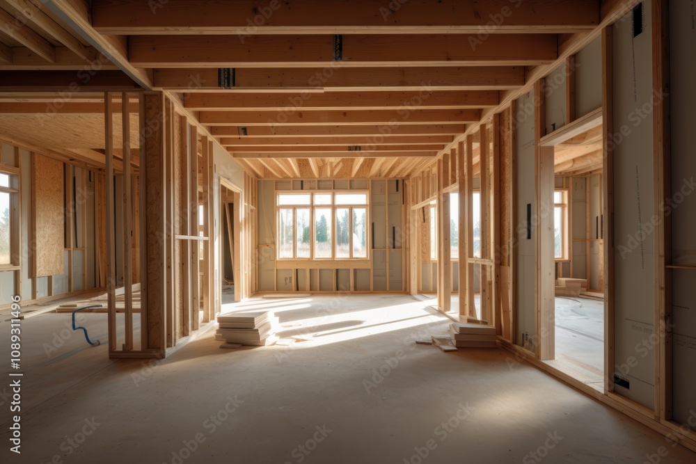 Sunlight pours into the unfinished interior of a home under construction, highlighting the wooden framing. The open space indicates ongoing renovations and future living areas. Generative AI Sunlight pours into the unfinished interior of a home under construction, highlighting the wooden framing. The open space indicates ongoing renovations and future living areas. Generative AI