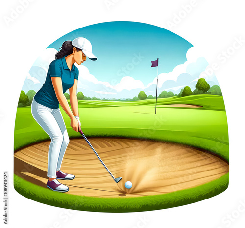 Isolated vector illustration of female golfer hitting golf ball out of sand bunker on a golf course on white background. photo