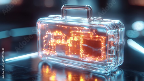 Innovative tech showcase transparent tool case modern studio digital art futuristic environment close-up view technology trends