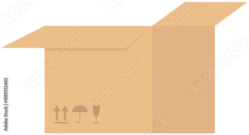 Brown cardboard and paper packaging box. Shipping carton open and closed box with breakable signs for parcel packaging template, transporting goods, delivery and transportation background.
