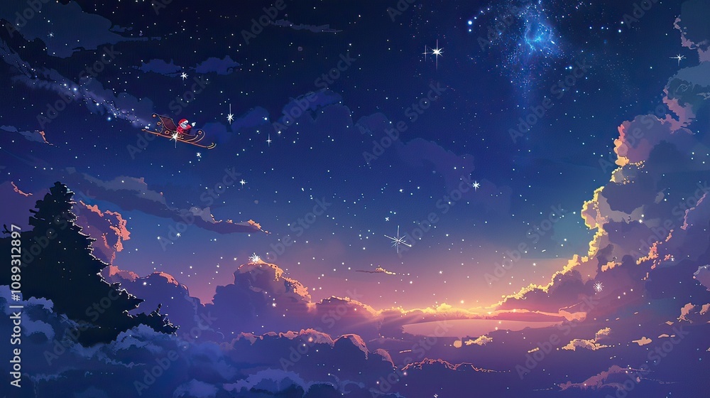 Fototapeta premium A Christmas vector design featuring a Santa sleigh flying over a starry sky.