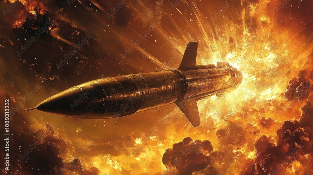 Dramatic Space Scene of a Missile in Flight Surrounded by Explosive Fire and Fiery Clouds, Showcasing the Power and Intensity of Modern Warfare Technology Dramatic Space Scene of a Missile in Flight Surrounded by Explosive Fire and Fiery Clouds, Showcasing the Power and Intensity of Modern Warfare Technology
