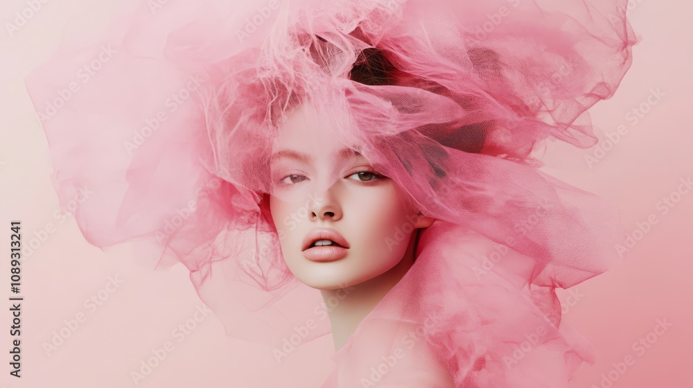 Woman with pink fabric headpiece. Woman with pink fabric headpiece.