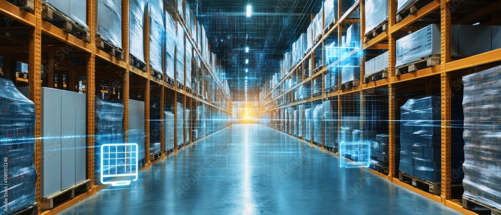A modern warehouse interior with shelves, pallets, and digital elements indicating inventory. A modern warehouse interior with shelves, pallets, and digital elements indicating inventory.