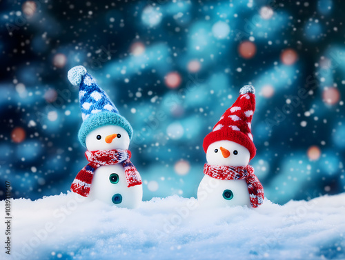 Two adorable snowmen wearing colorful hats and scarves standing on snow with a dreamy bokeh background of blue lights. Perfect for Christmas, winter, festive decorations, and holiday-themed designs