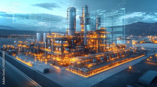 Solar thermal power plant with holographic technology at dusk in a remote location