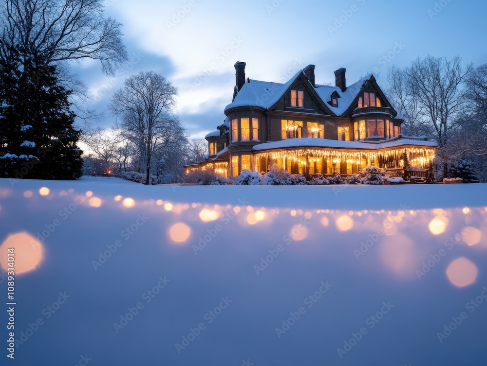 beautiful winter evening at a cozy illuminated house surrounded by snow beautiful winter evening at a cozy illuminated house surrounded by snow
