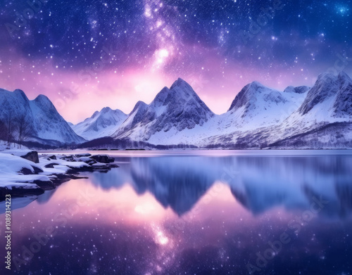 Stunning twilight reflection of snowy mountains under a starry sky