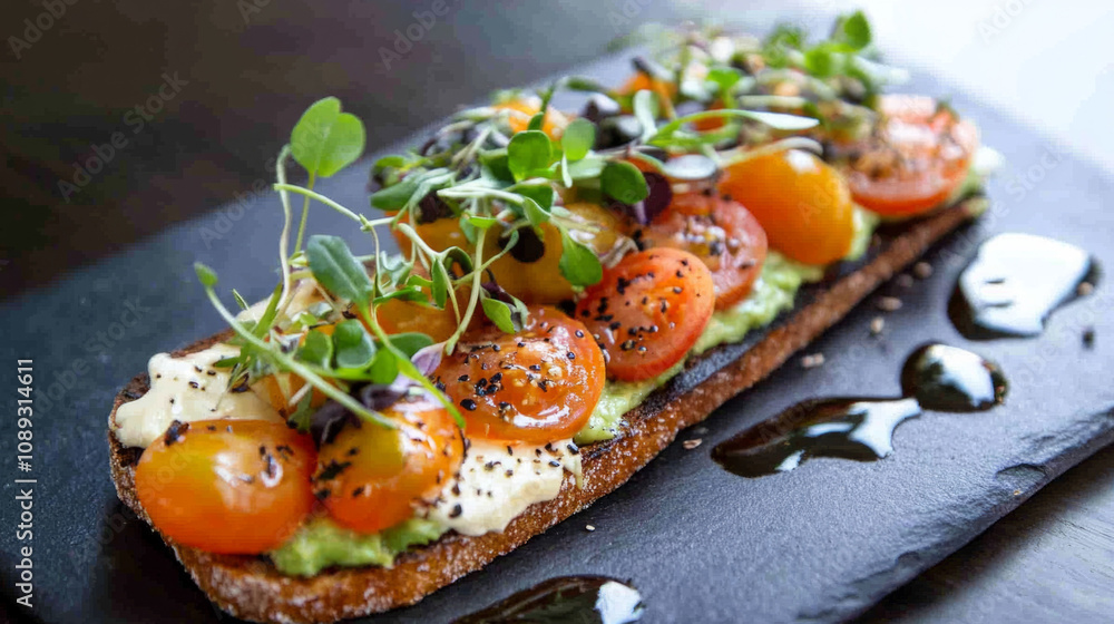 Fresh tomato and avocado toast served on a dark slate board Fresh tomato and avocado toast served on a dark slate board