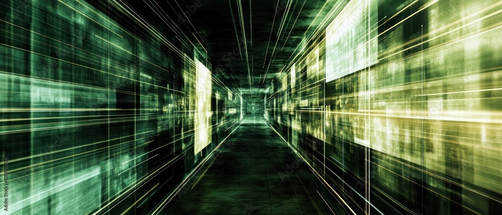 Abstract digital corridor with green and yellow light streaks, creating a futuristic atmosphere. Abstract digital corridor with green and yellow light streaks, creating a futuristic atmosphere.