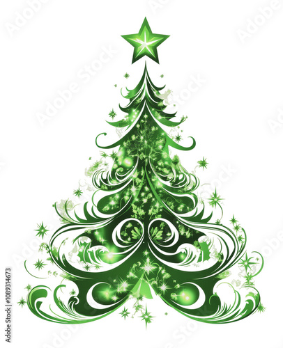 PNG Elegant green Christmas tree with swirls and stars