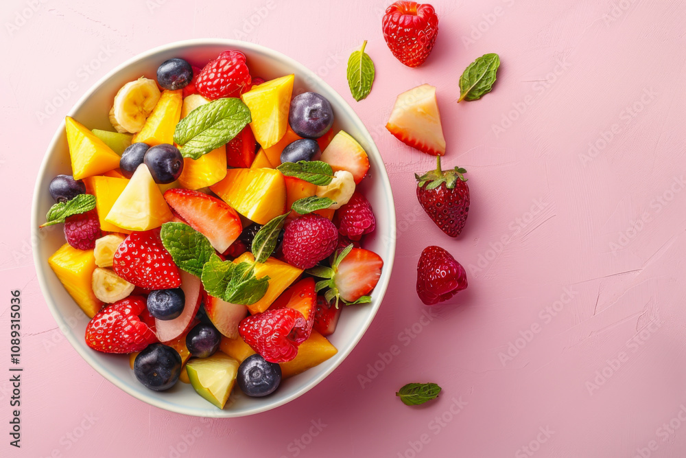 A vibrant bowl of fresh mixed fruits, including strawberries, blueberries, and mango, arranged beautifully on a pink background. A vibrant bowl of fresh mixed fruits, including strawberries, blueberries, and mango, arranged beautifully on a pink background.