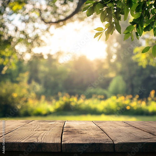 Empty table for product advertising display in fresh green photo