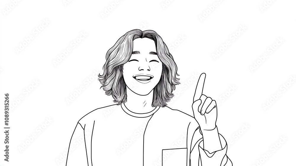 A simple line drawing of an animated person with shoulder-length hair, smiling and pointing upwards at the top right corner of their head. They wear casual attire depicted in black lines on a white ba A simple line drawing of an animated person with shoulder-length hair, smiling and pointing upwards at the top right corner of their head. They wear casual attire depicted in black lines on a white ba