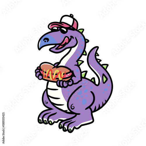 Cartoon Dinosaur Holding Hot Dog Vector Illustration