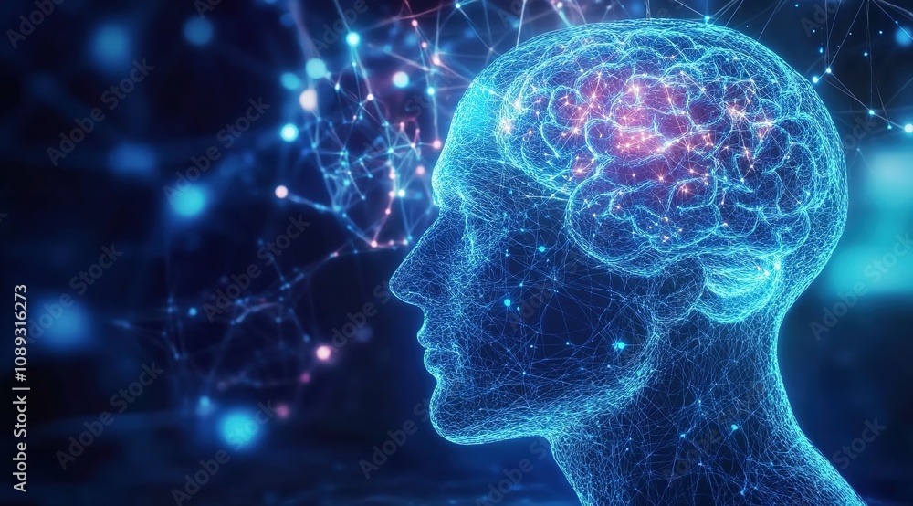 3D rendering of a human head with a brain and neural network on a dark blue background 