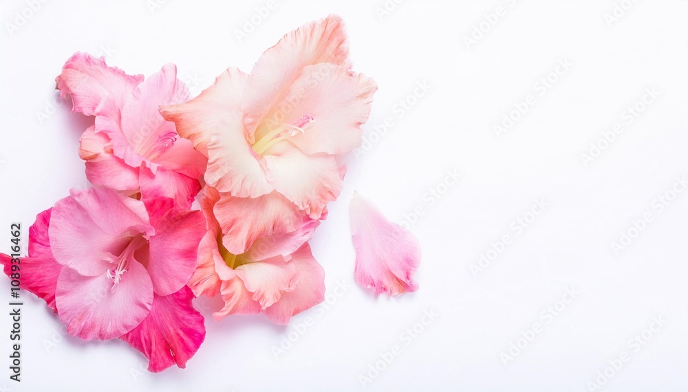 Closeup of Blooming Gladiolus Flowers and Petals Isolated on White Background. Top View of Flower with Empty Space. Closeup of Blooming Gladiolus Flowers and Petals Isolated on White Background. Top View of Flower with Empty Space.