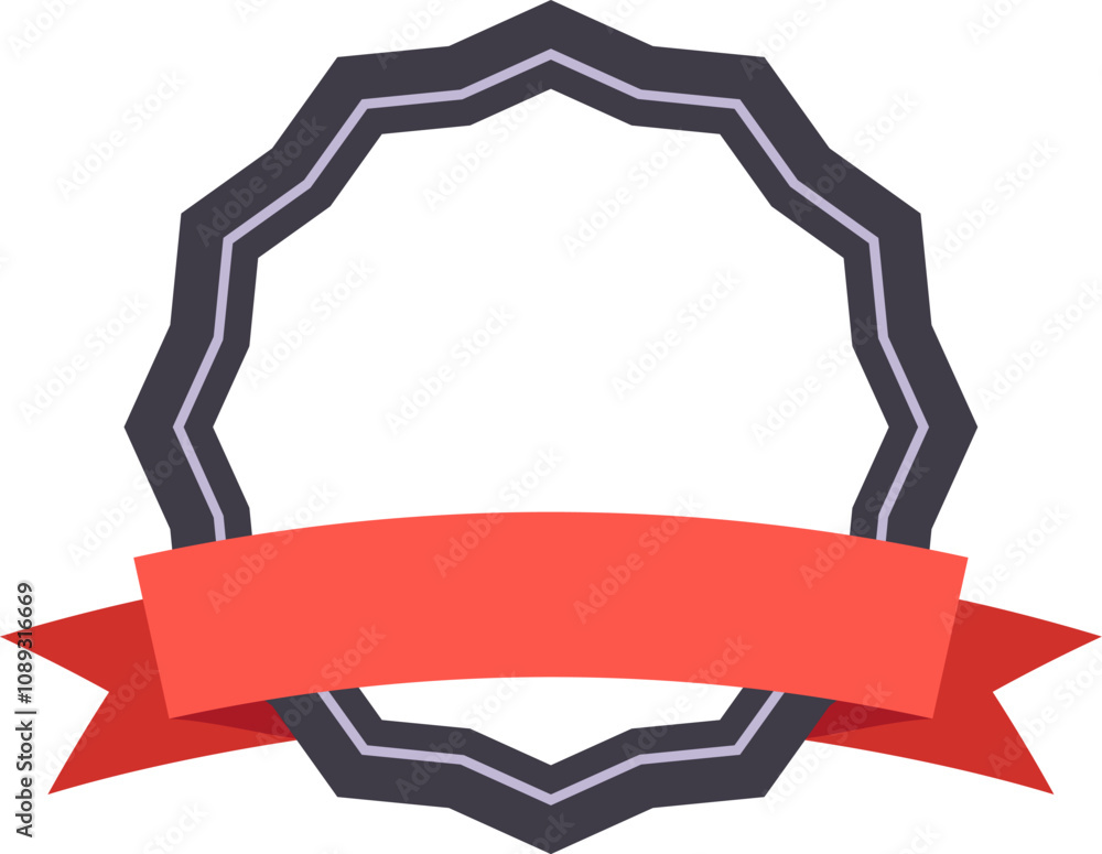Elegantly adorned dodecagon frame with vibrant red ribbon banner symbolizes quality, premium offerings. Versatile badge for certificates, labels, logos, stickers Elegantly adorned dodecagon frame with vibrant red ribbon banner symbolizes quality, premium offerings. Versatile badge for certificates, labels, logos, stickers